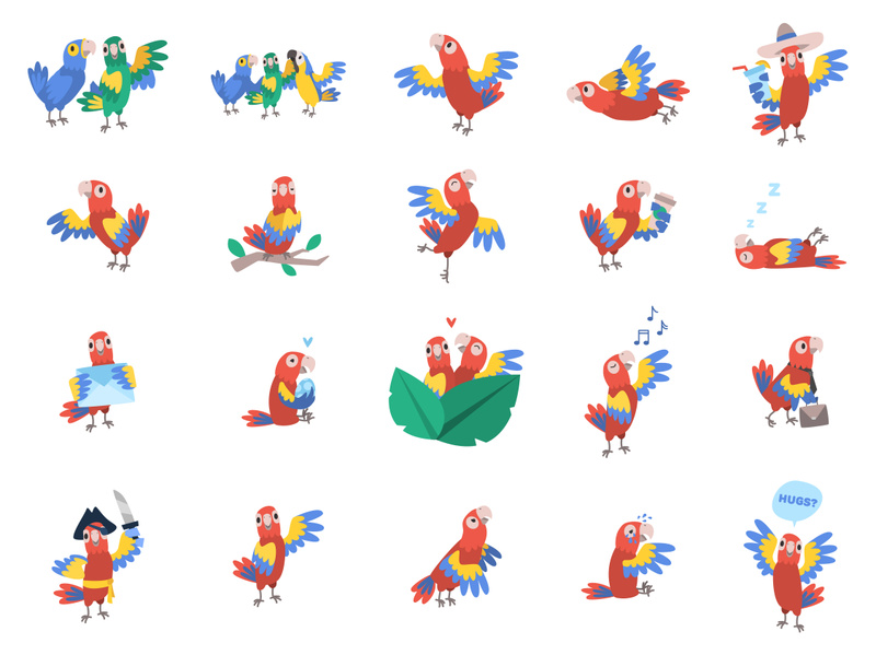 Funny cartoon parrots vector illustrations set.