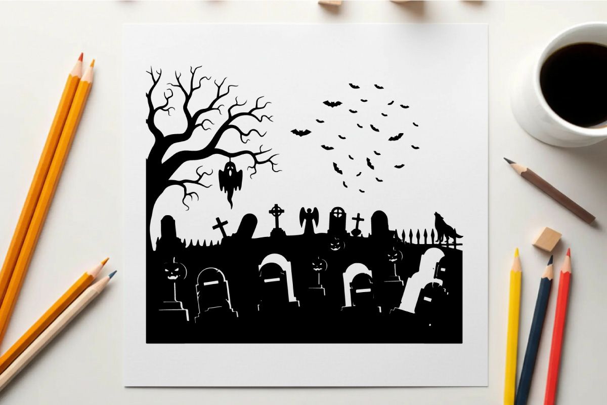 Spooky silhouette graveyard scene with bats and bare tree