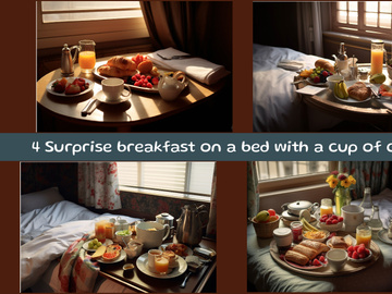 Surprise breakfast on a bed with a cup of coffee
