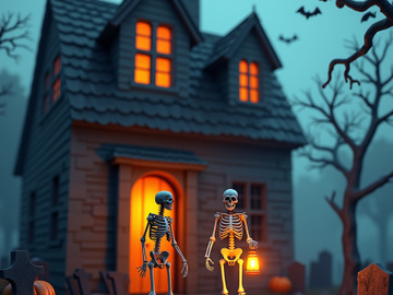 Two skeletons stand in front of a spooky house in a graveyard