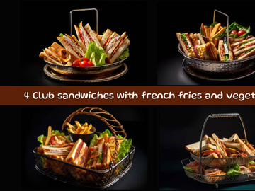 Club sandwiches with french fries and vegetables