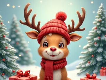 A festive cartoon reindeer wearing a red knit hat and scarf sits