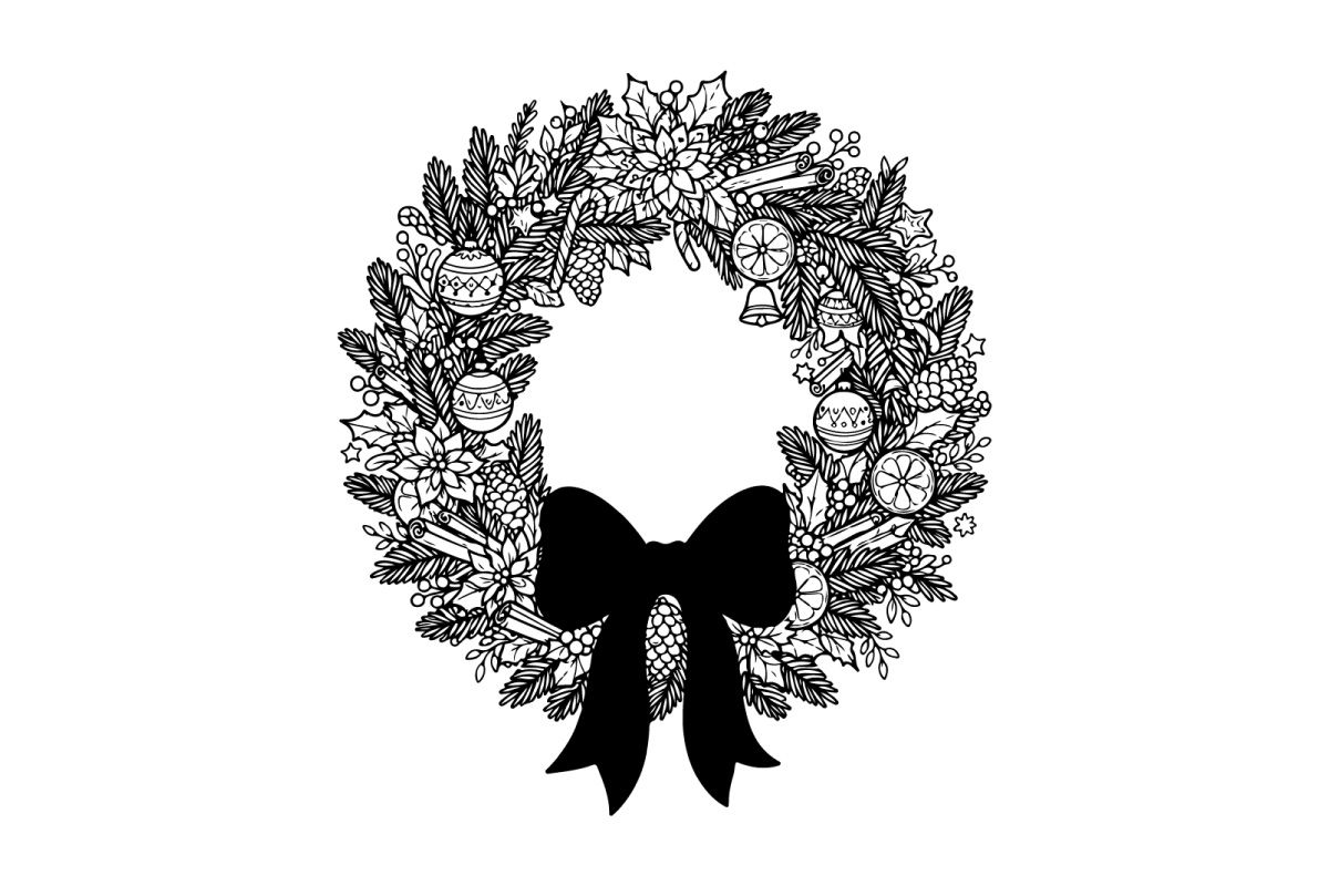 Hand drawn Christmas wreath with red bow isolated on white background