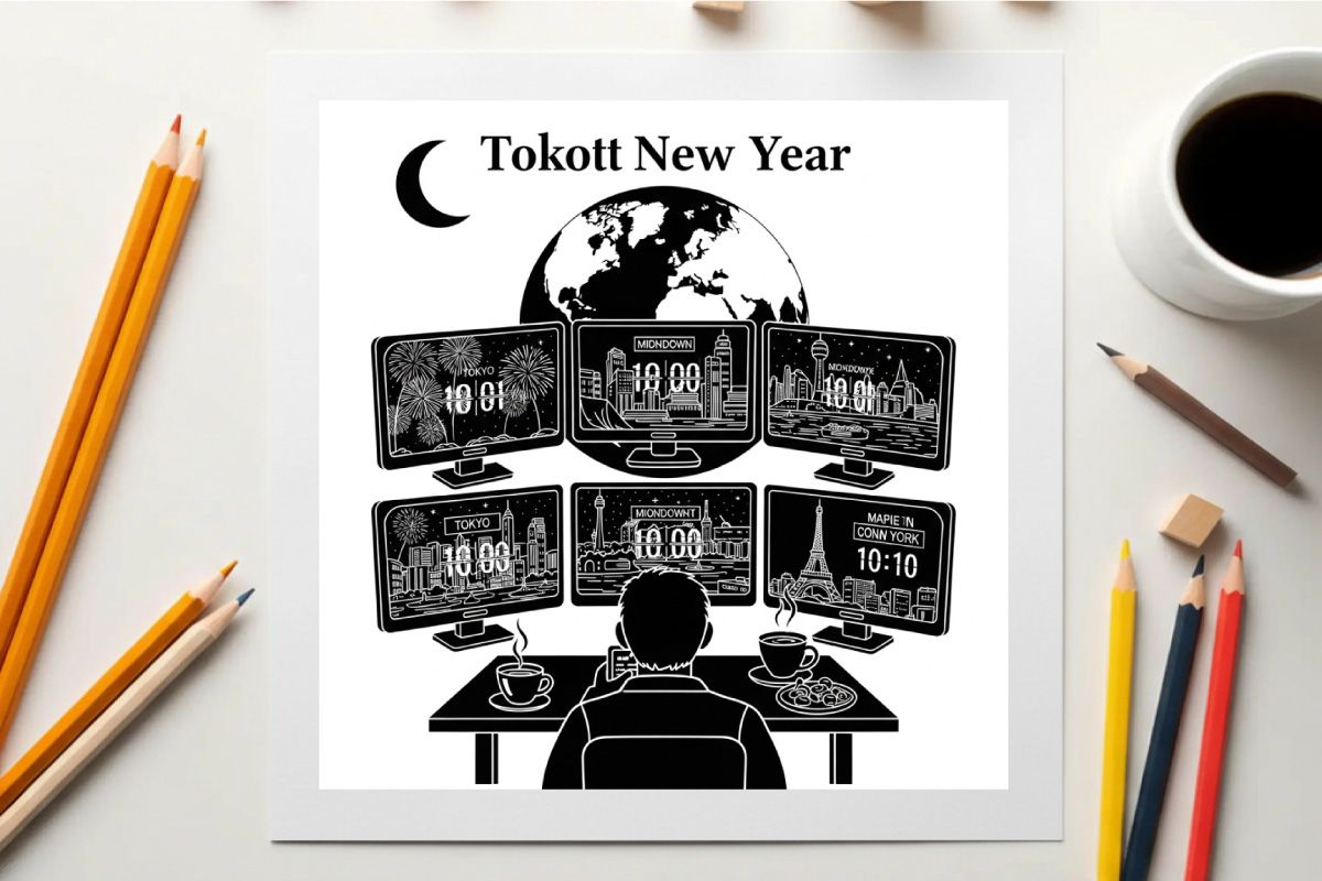 Silhouette seorang pria menonton beberapa layar di tahun baru tokott