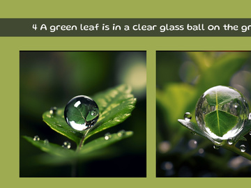 A green leaf is in a clear glass ball on the grass
