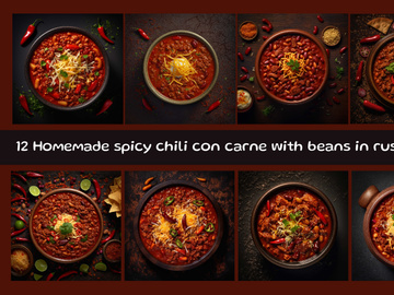 Homemade spicy chili con carne with beans in rustic bowl