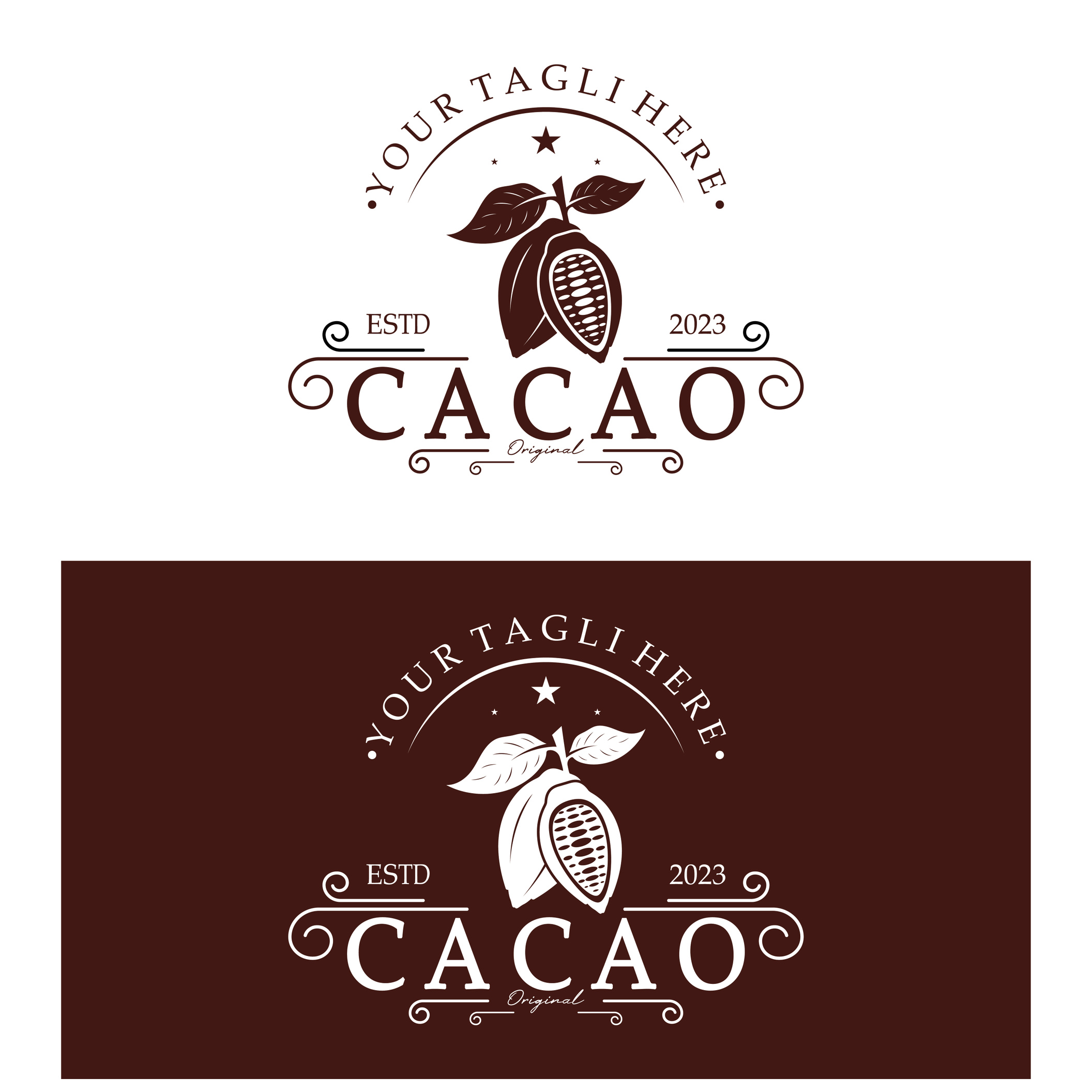 cocoa logo,cocoa bean,cocoa tree,cocoa branches and leaves,chocolate mix on white background,vintage,modern,simple,minimalist icon illustration template design vector