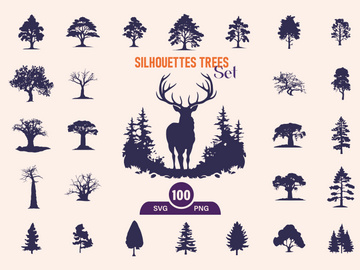 Silhouettes Trees Set, Pine Tree fir pruce cedar white patch alder elm birch ash cypress beech palm tree.