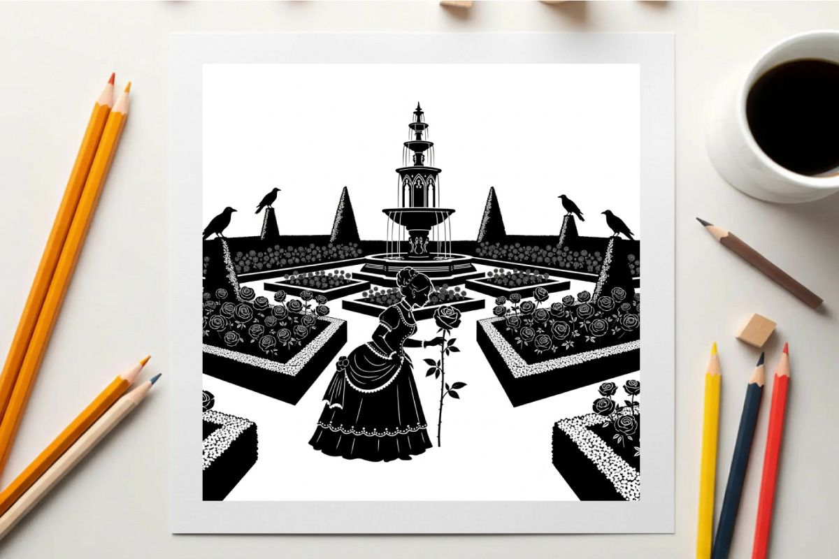Silhouette of a woman in a mysterious garden with a fountain and ravens