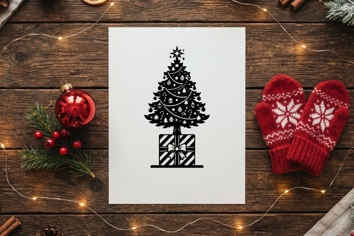 Schwarz-weißes Weihnachtsbaum-Icon mit Geschenkbox-Silhouette für Weihnachtsdesign-Projekte