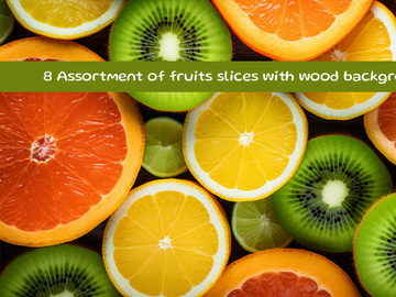 Assortment of fruits slices with wood background