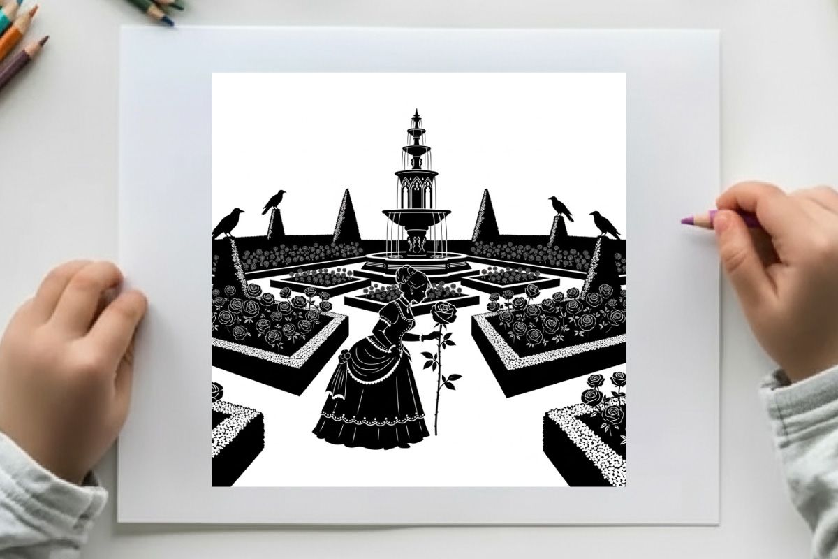 Silhouette of a woman in a mysterious garden with a fountain and ravens