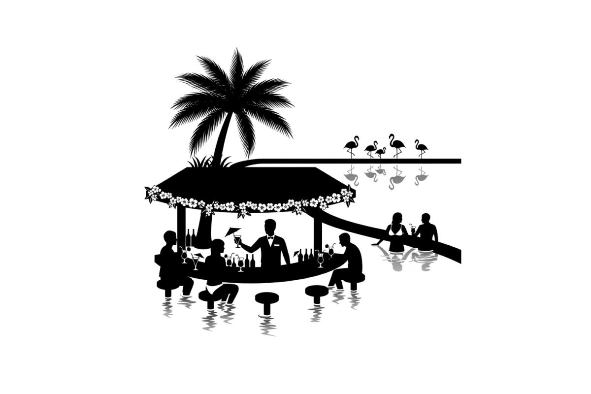 Silhouette of people on a boat under a palm tree
