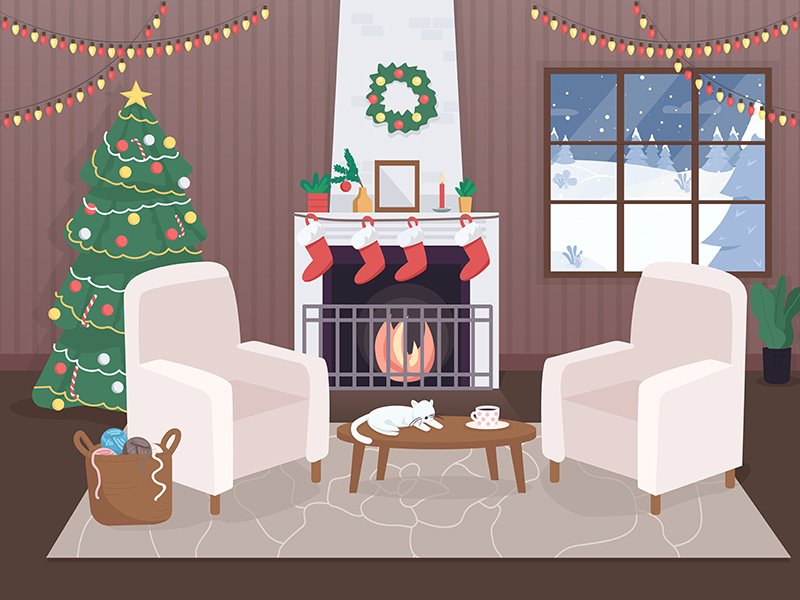 Decorated christmas house inside flat color vector ~ EpicPxls