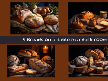Breads on a table in a dark room