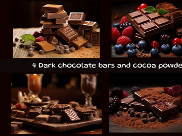 Dark chocolate bars and cocoa powder on wooden background
