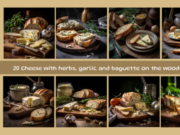 Cheese with herbs, garlic and baguette on the wooden table