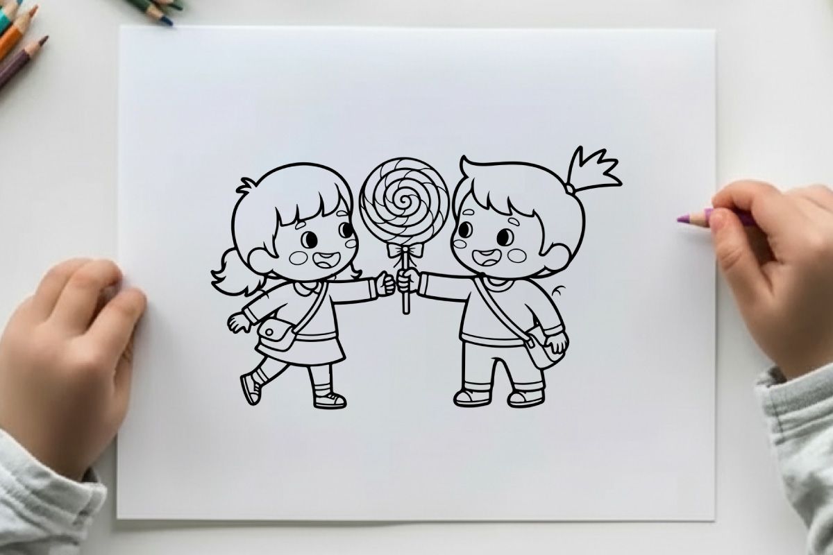 Children sharing lollipop happy friendship vector illustration