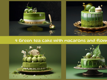 Green tea cake with macarons and flowers on a green background