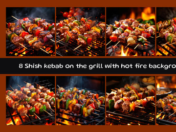 Shish kebab on the grill with hot fire background