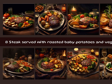 Grilled beef steak served with roasted baby potatoes