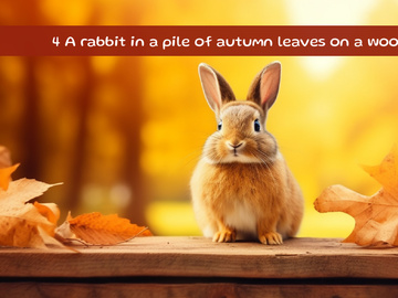 A rabbit in a pile of autumn leaves on a wooden
