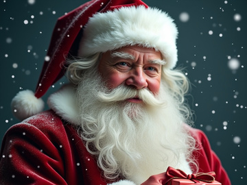 Santa Claus holds a small red gift in a close-up shot.