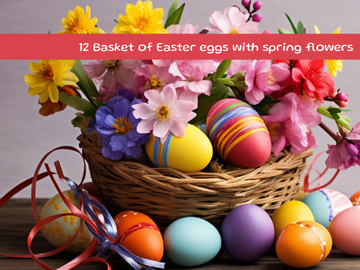 Basket of Easter eggs with spring flowers
