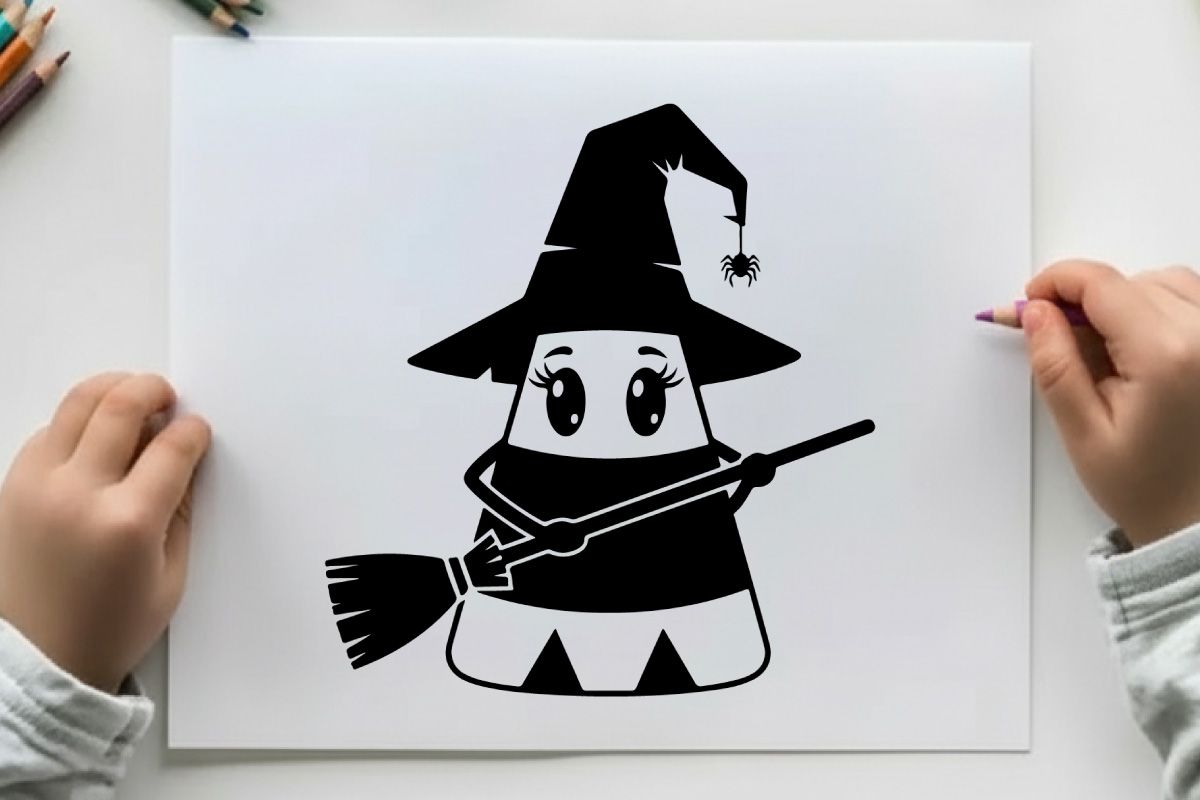 A cute cartoon ghost wearing a witch hat silhouette