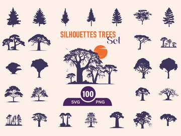 Silhouettes Trees Set, Pine Tree fir pruce cedar white patch alder elm birch ash cypress beech palm tree.