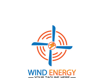 Wind energy logo. renewable energy icon with wind turbines and thunder bolt isolated on white background