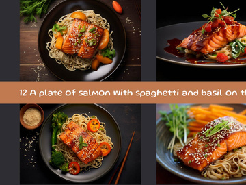 A plate of salmon with spaghetti and basil on the side