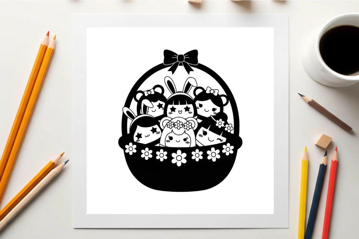 Silhouette of sanrio characters in easter basket with flowers and bow