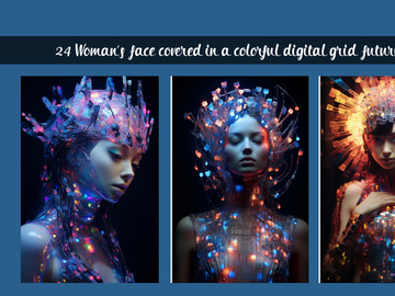 Womans face covered in a colorful digital grid futuristic