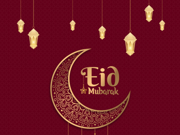 Realistic 3d eid mubarak moon and lantern greeting Premium Vector