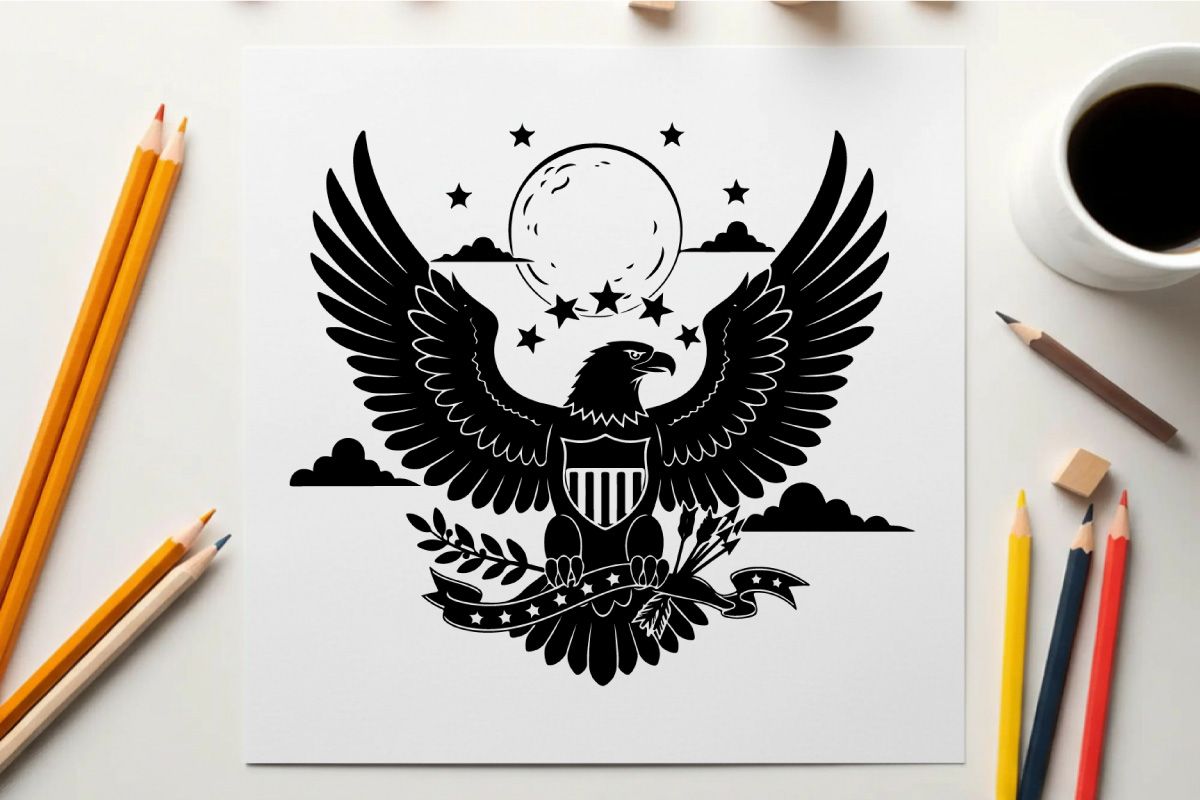 American eagle silhouette with moon and stars icon