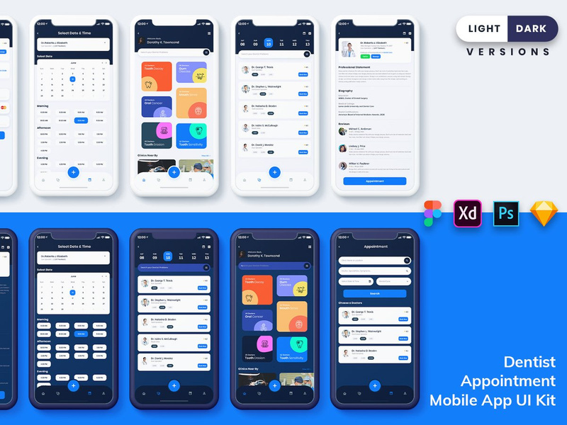Dentist Appointment Mobile App UI (Light & Dark) by 3djagan ~ EpicPxls