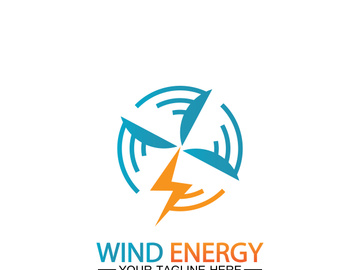 Wind energy logo. renewable energy icon with wind turbines and thunder bolt isolated on white background