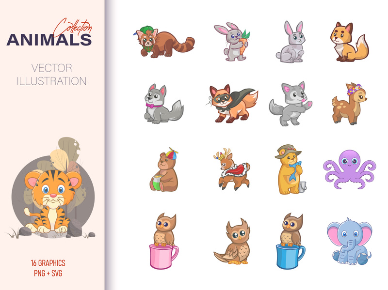 Set of comic animals, cartoon character animals vector illustration collection.