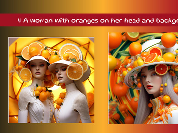 A woman with oranges on her head and background