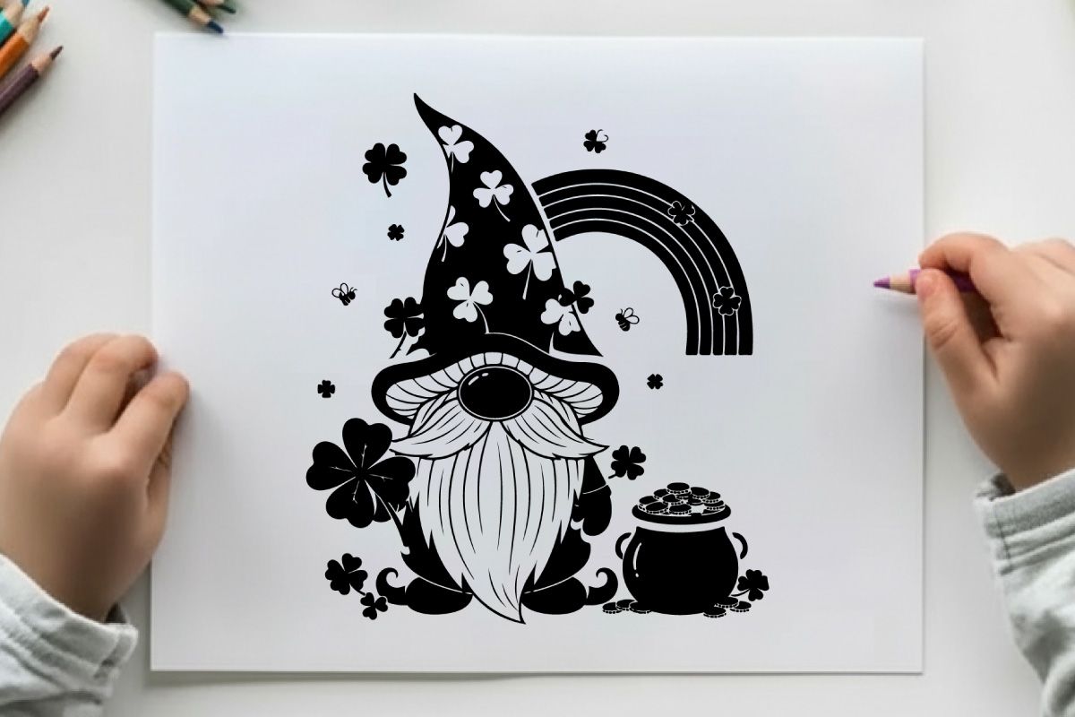 St patrick's day gnome silhouette with rainbow and shamrocks