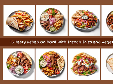 Tasty kebab on bowl with french fries and vegetables