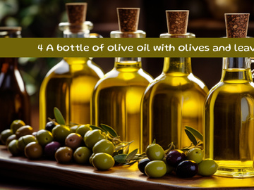 A bottle of olive oil with olives and leaves