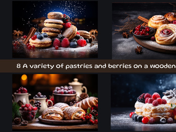 A variety of pastries and berries on a wooden table