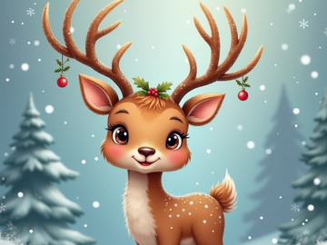 An adorable reindeer with decorated antlers stands in a snowy forest.
