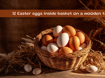 Easter eggs inside basket on a wooden table