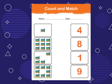 10 Pages Count and match with the correct number. Matching education game. Count how many items and choose the correct number
