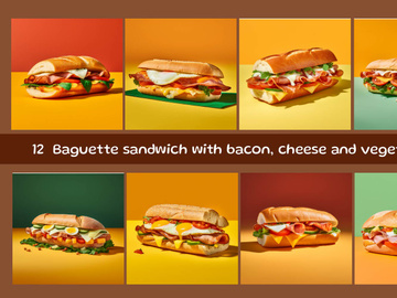 Baguette sandwich with bacon, cheese and vegetables