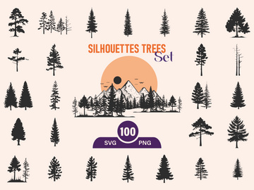 Silhouettes Trees Set, Pine Tree fir pruce cedar white patch alder elm birch ash cypress beech palm tree.