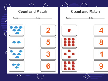 10 Pages Count and match with the correct number. Matching education game. Count how many items and choose the correct number